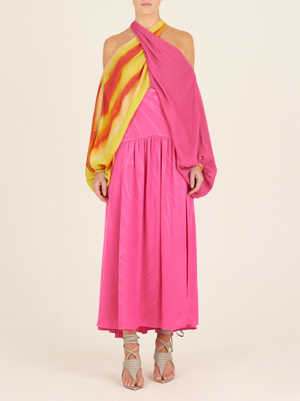 A Juno Blouse Fuschia Lime Stripes with abstract print.