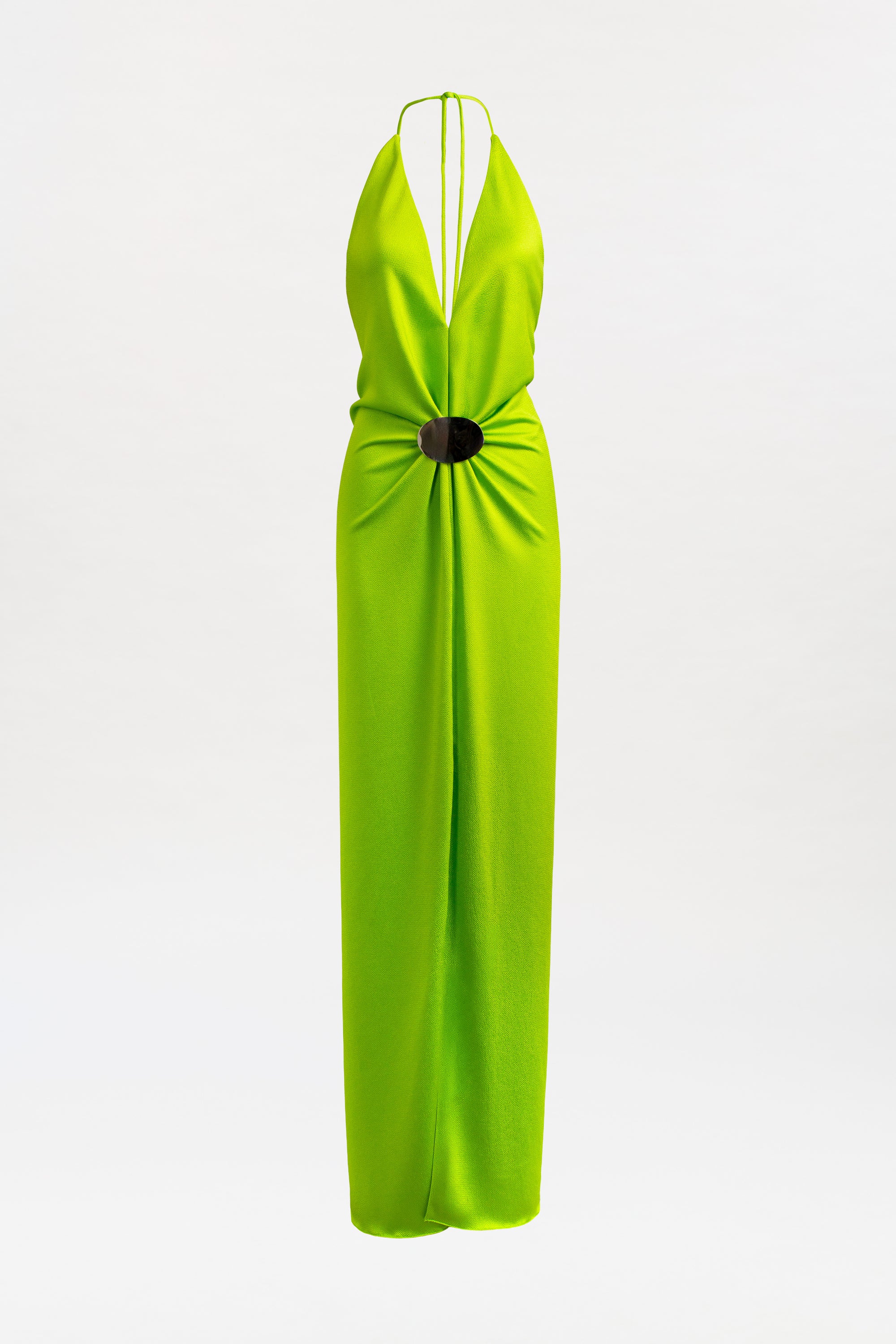 The Rowan Dress is a sleeveless, lime green floor-length maxi with a deep V-neck, thin straps, gathered Italian fabric for a draped look, and features a bold black circular waist accent.