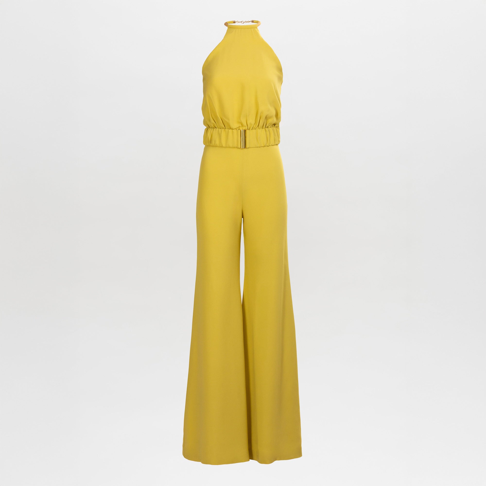The Grosetto Jumpsuit is a sleeveless, yellow halter-neck jumpsuit featuring an elastic waistband and wide-leg pants, shown against a plain white background.