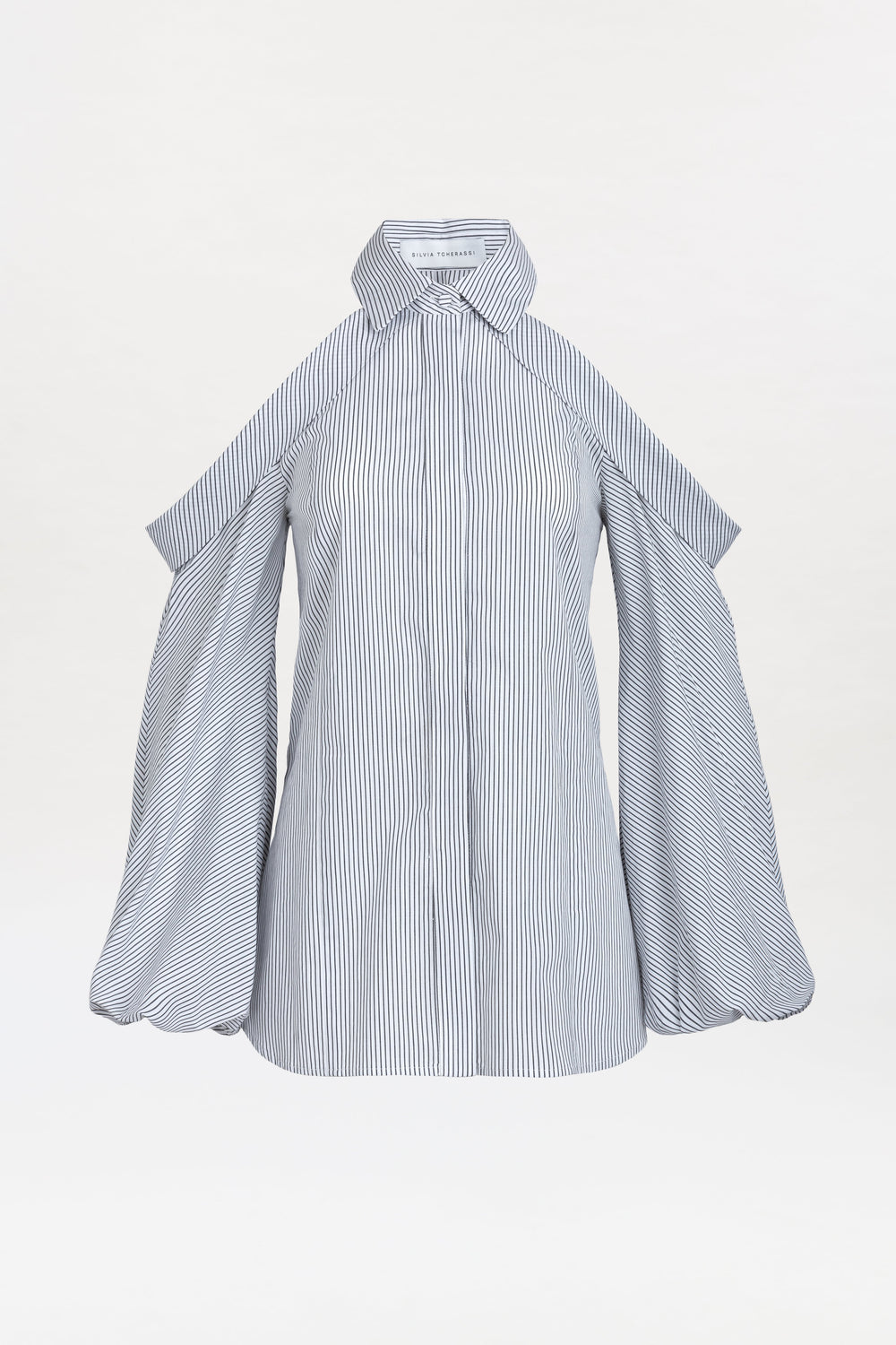 The Nurith Shirt, featuring blue and white vertical stripes, long wide open sleeves, and a high collar, is displayed against a plain white background.