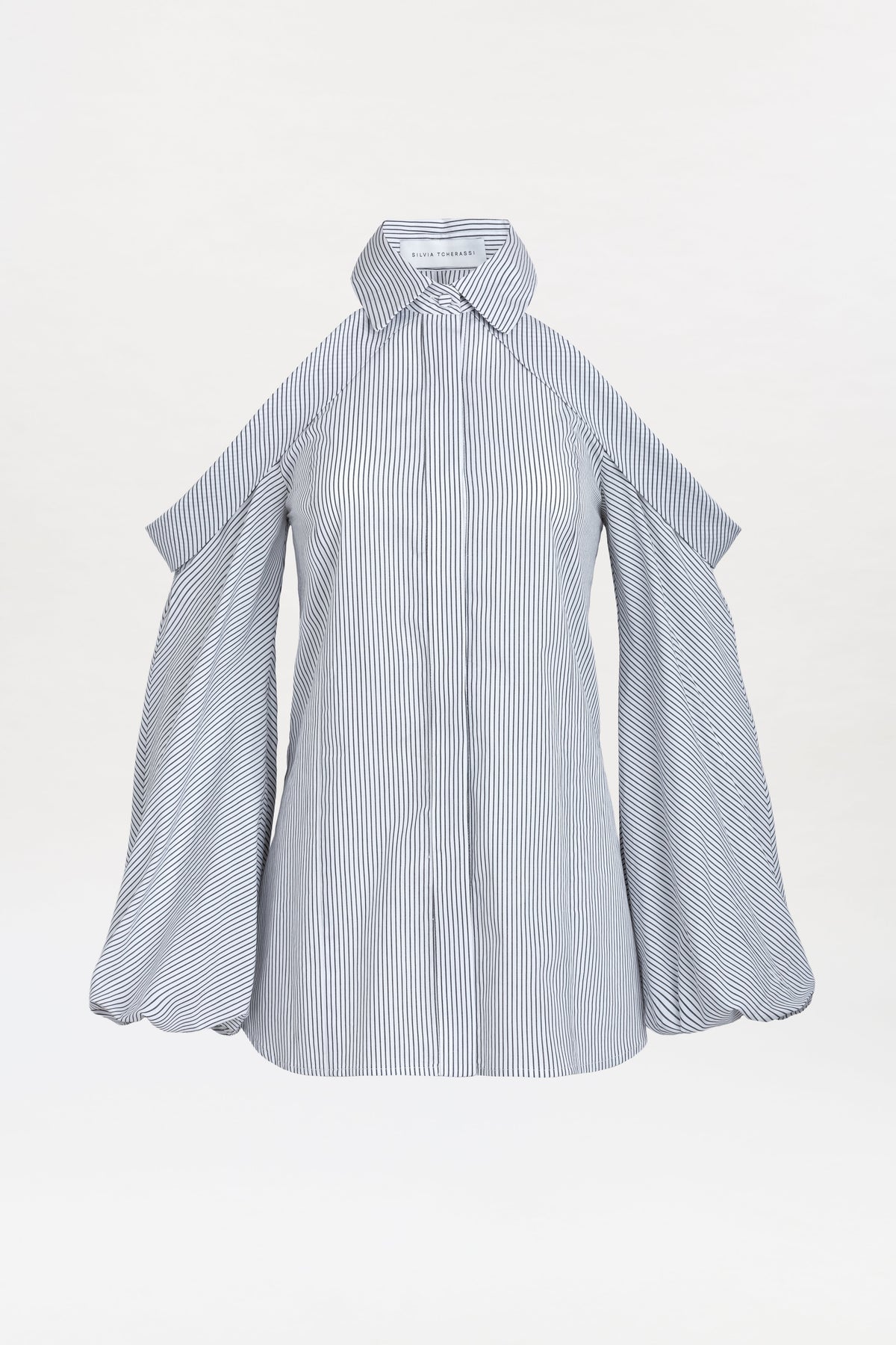 The Nurith Shirt, featuring blue and white vertical stripes, long wide open sleeves, and a high collar, is displayed against a plain white background.