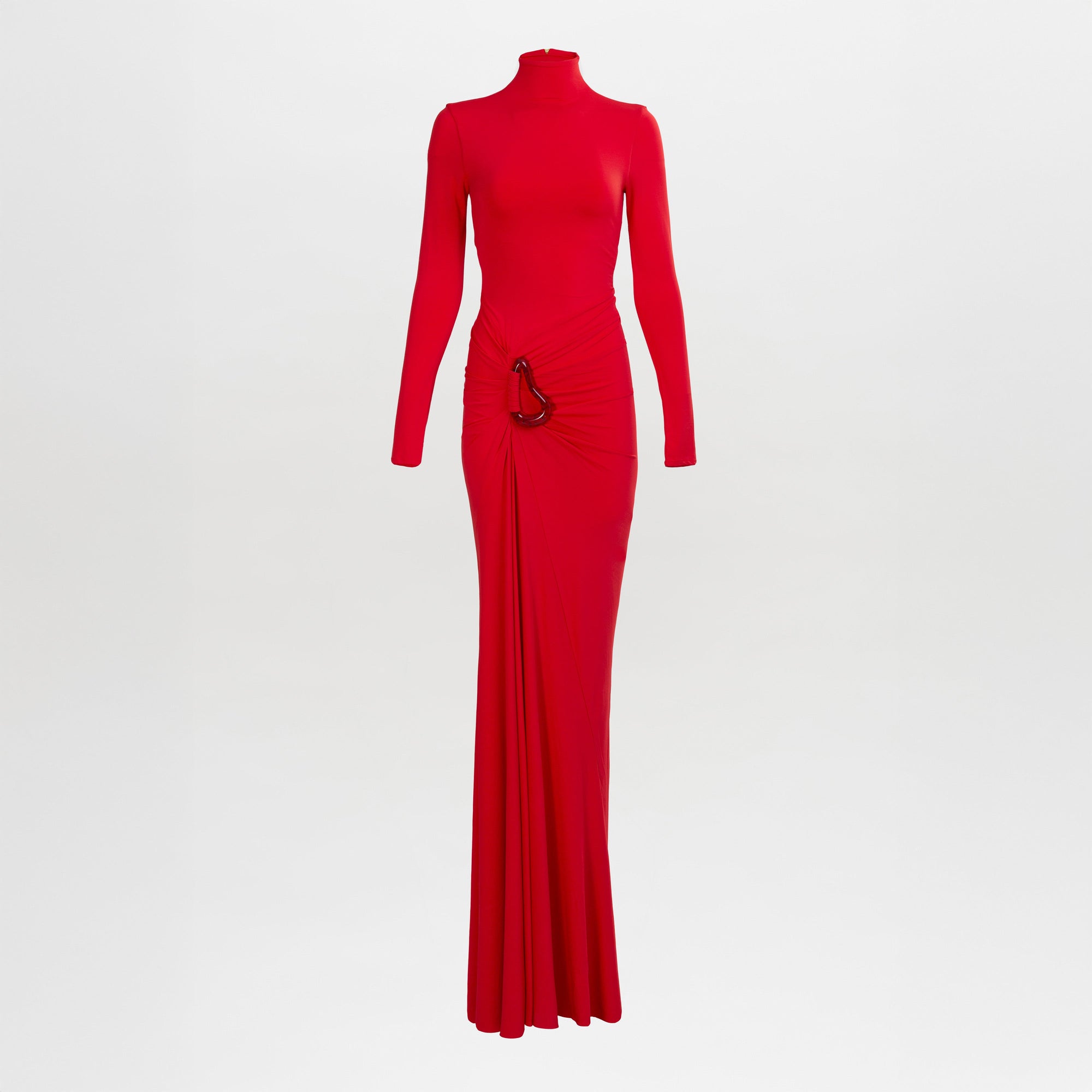The Lena Dress is a long-sleeved, floor-length red gown with a high neckline, ruched waist detail, and metallic embellishment.