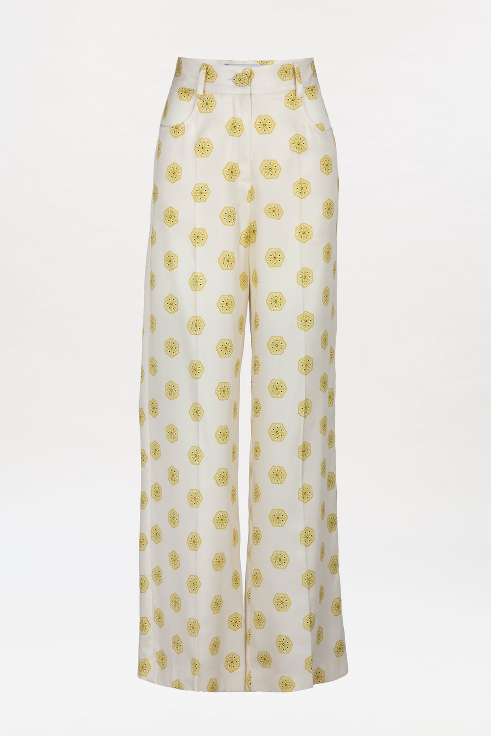 The Emine Pant is a high-waisted, wide-leg pair of white pants featuring a yellow geometric pattern, shown on a plain white background.