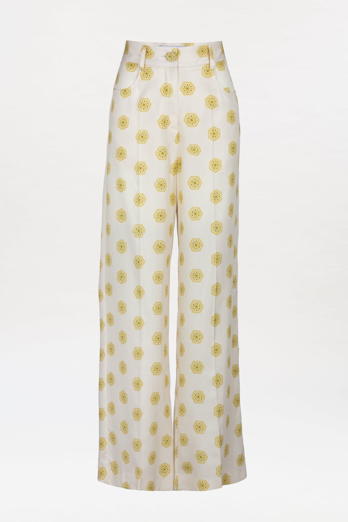 The Emine Pant is a high-waisted, wide-leg pair of white pants featuring a yellow geometric pattern, shown on a plain white background.