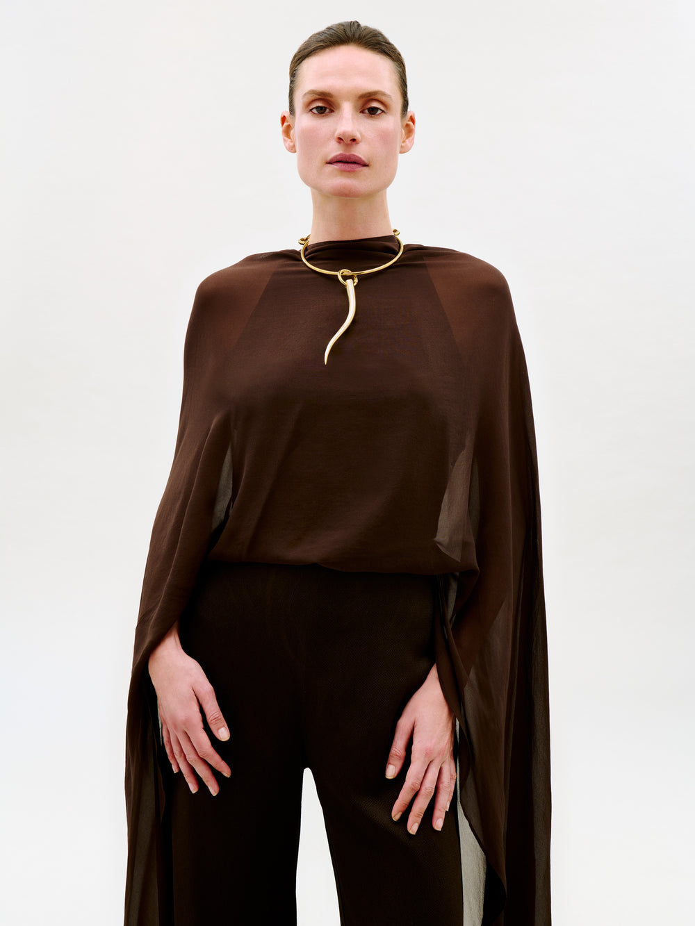 A model wearing a dark brown sheer cape-style top with a high mock neck and a gold snake-shaped pendant necklace, paired with dark brown trousers, against a plain white studio background.