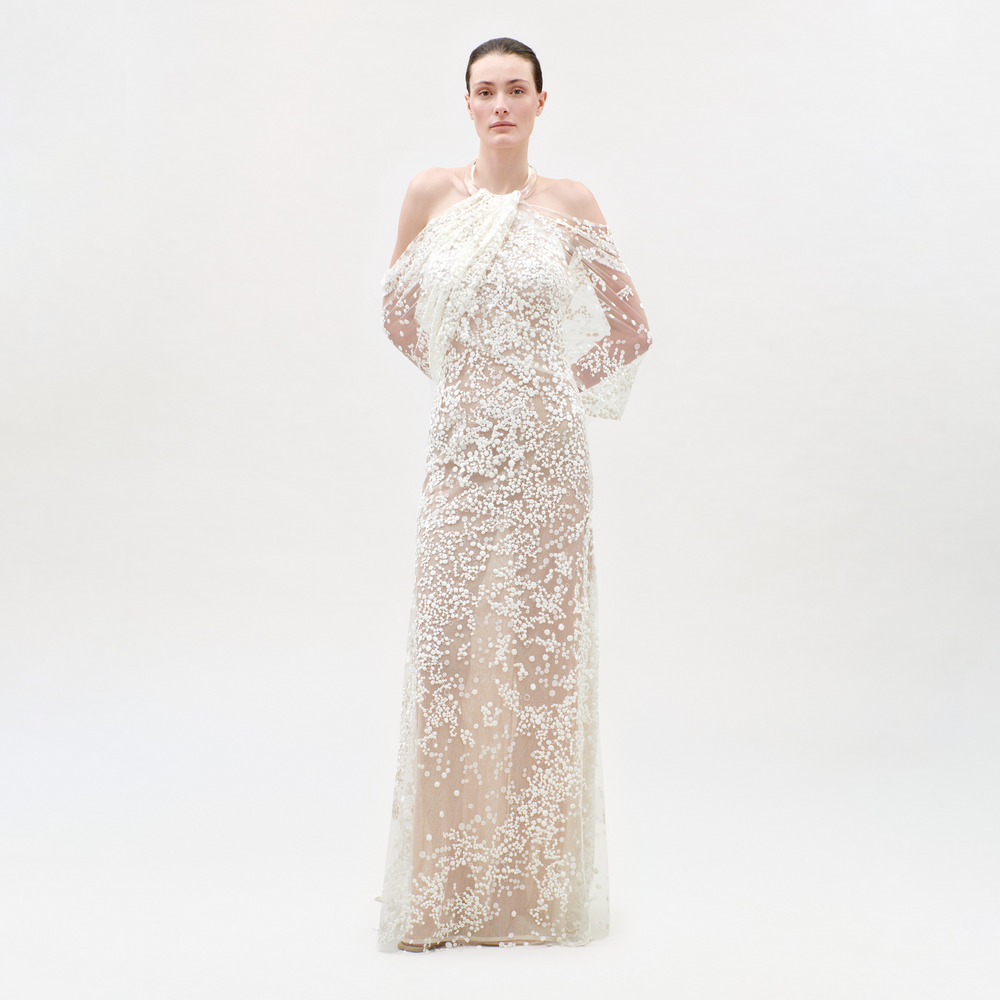 Woman wearing a long, elegant dress with sequin detailing on a white background