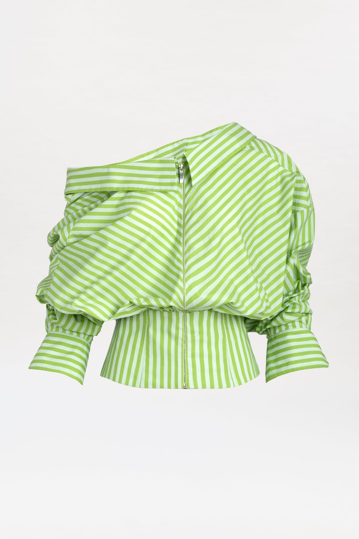 The Skye Blouse features green and white stripes, an off-shoulder design with a front zipper, oversized ruched sleeves, and wide cuffs, showcased on a white background.
