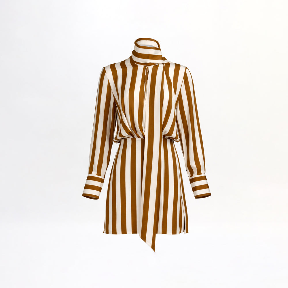 The Imelda Dress is a long-sleeved, knee-length mini dress made from luxurious Italian fabric, with vertical brown and white stripes and a matching scarf collar and cuffs featuring horizontal stripes, shown on a plain white background.
