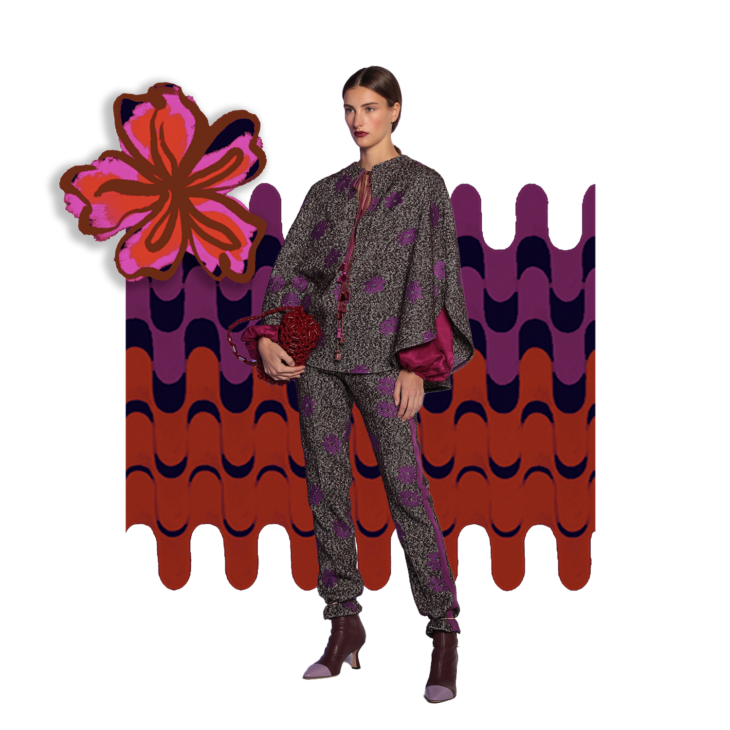 A person wearing a patterned outfit stands against a colorful wave and floral backdrop, holding a matching handbag and dressed in boots.