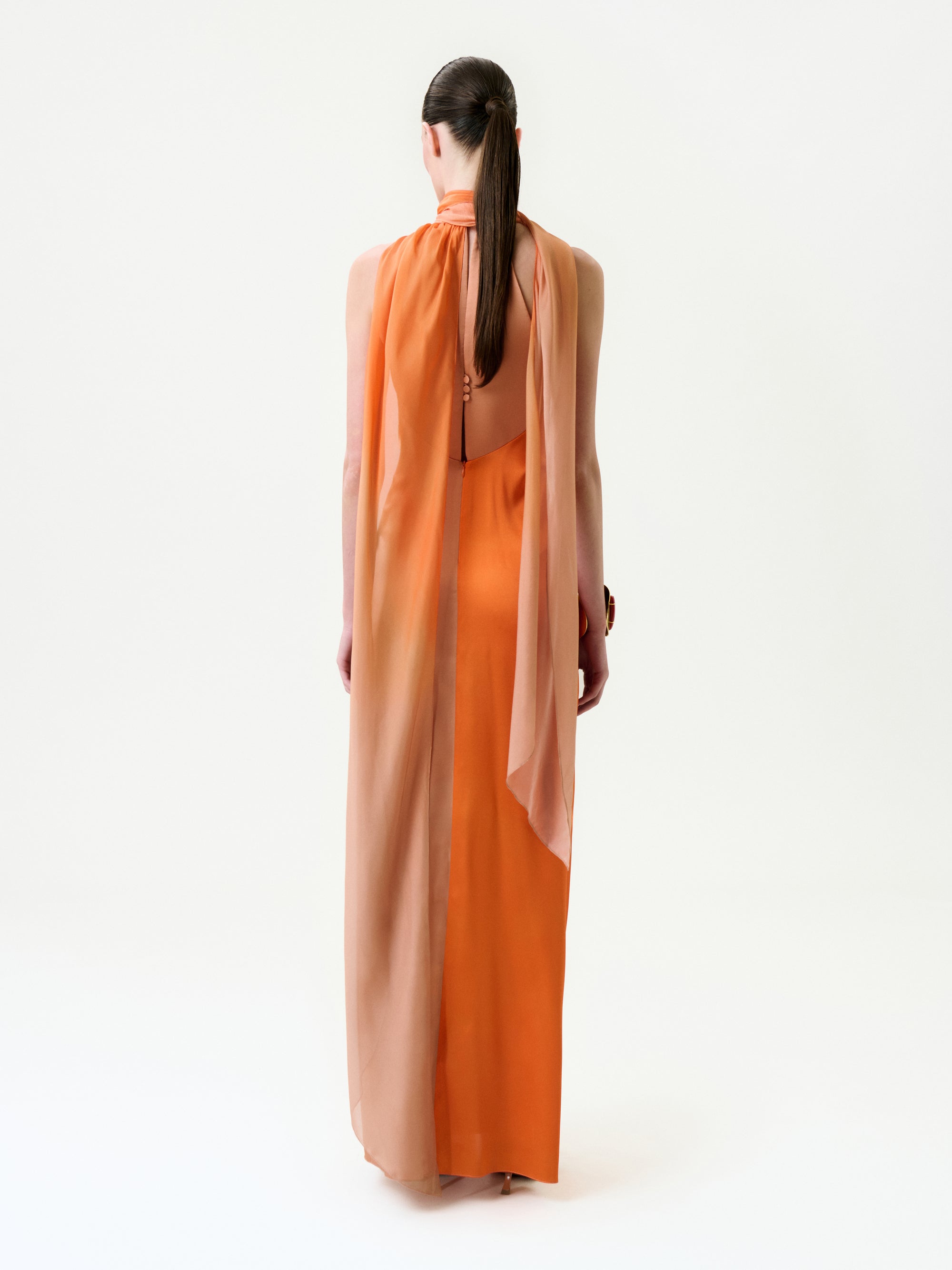 A person with long dark hair tied back is seen from behind, wearing the Margalit Dress—a sleeveless silk maxi with a flowing sheer peach overlay and high neckline—against a plain white background.