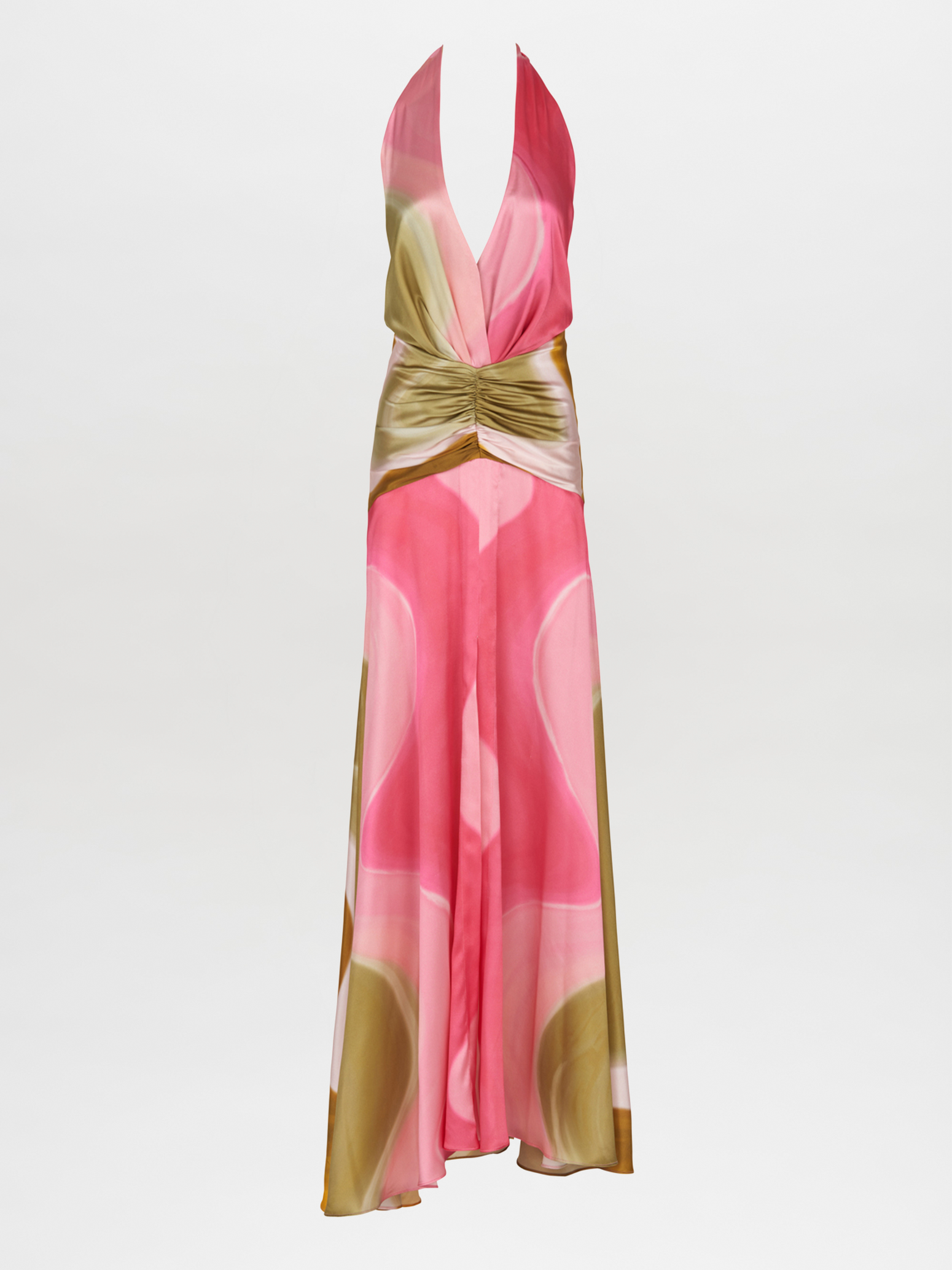 A sleeveless, floor-length Dafne Dress Olive/Pink with a halter v-neckline, in a pink, white, and green abstract pattern. The waist is accentuated with a gathered detail.