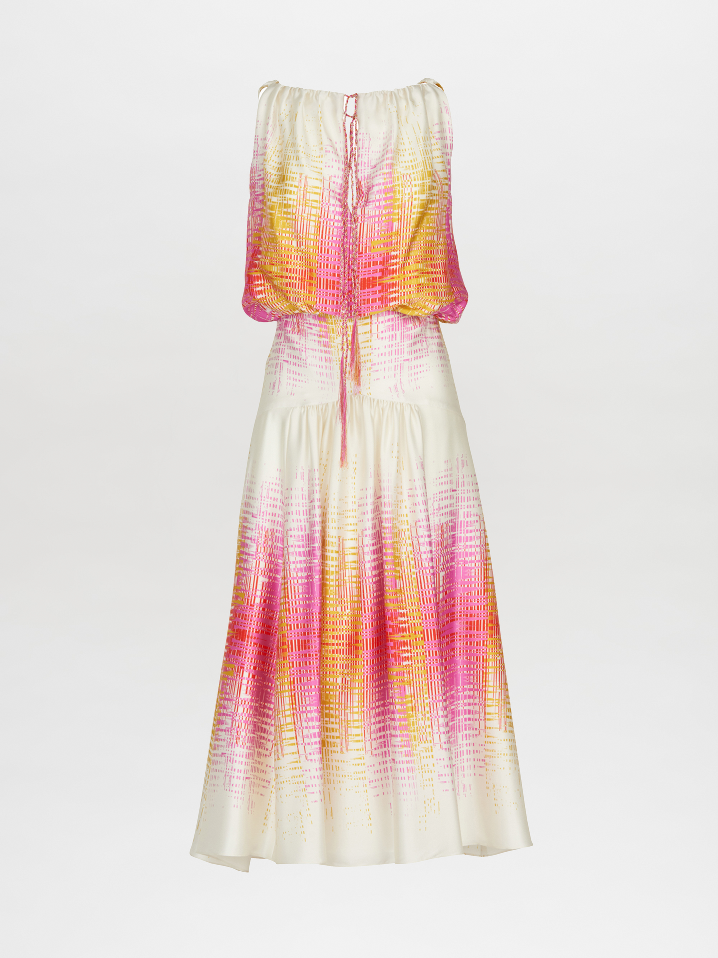 Introducing the Daila Dress White Digital from our Pre Fall 2023 collection, a stunning sleeveless piece featuring a vibrant digital electric print with a gradient of pink, orange, and white. This dress pairs a chic blouson top with a long flowing skirt.