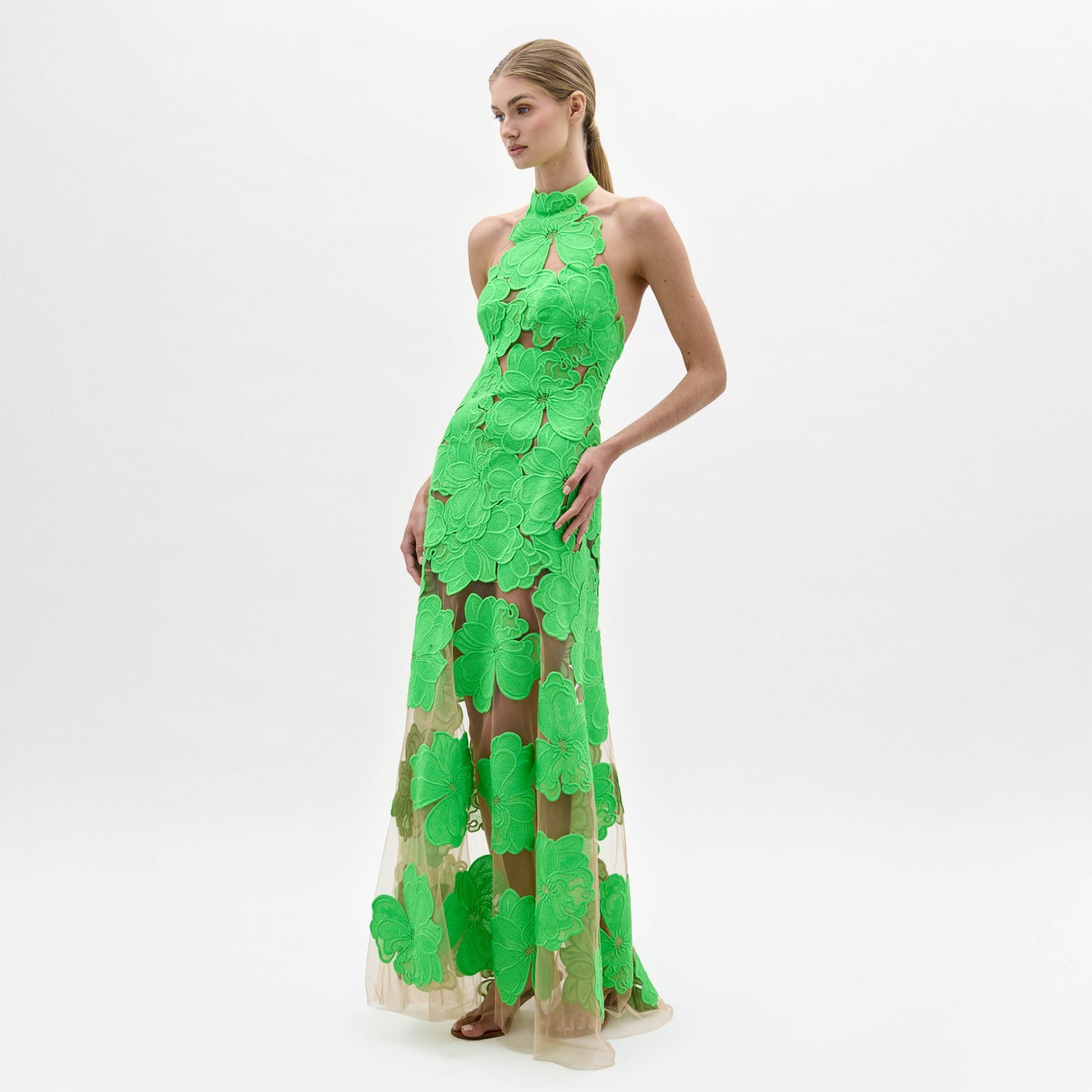 A woman models the Mab Dress, a sleeveless, floor-length gown featuring large green floral appliqués on a sheer nude base, set against a plain white background.