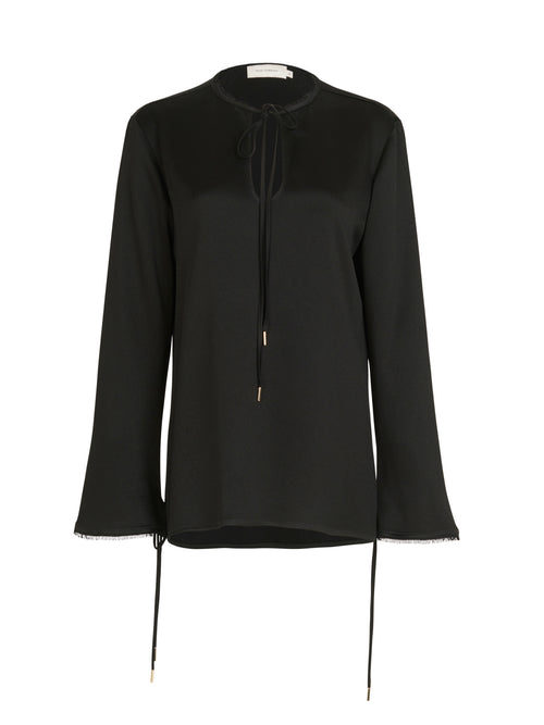 A versatile Zafra Blouse Black with a sleeve tie and a collar.