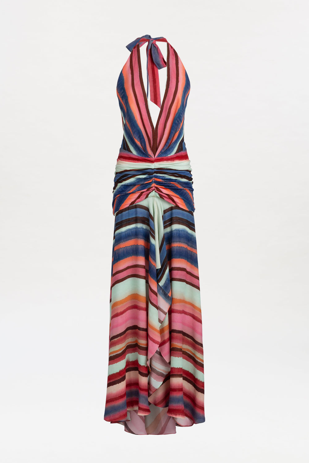 Introducing the Patsy Dress—a sleeveless, halter-neck maxi featuring a plunging neckline and ruched waist. Designed with multicolored horizontal stripes in pink, blue, red, and green hues, it flows to ankle length with a subtle front slit for added movement.
