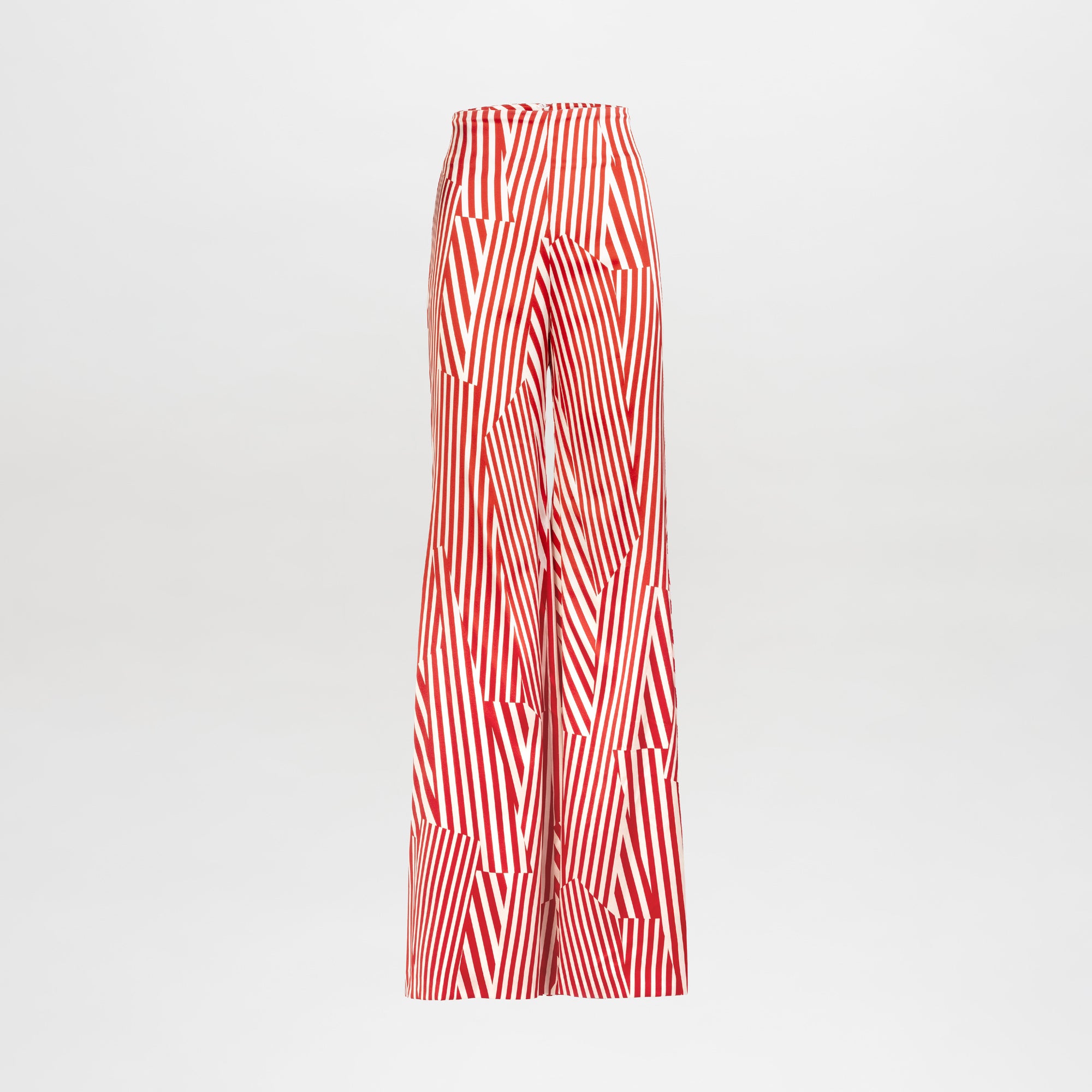 The Andie Pant is a high-waisted, wide-leg style made from premium Italian fabric with bold red and white diagonal stripes in a geometric pattern on a plain white background.