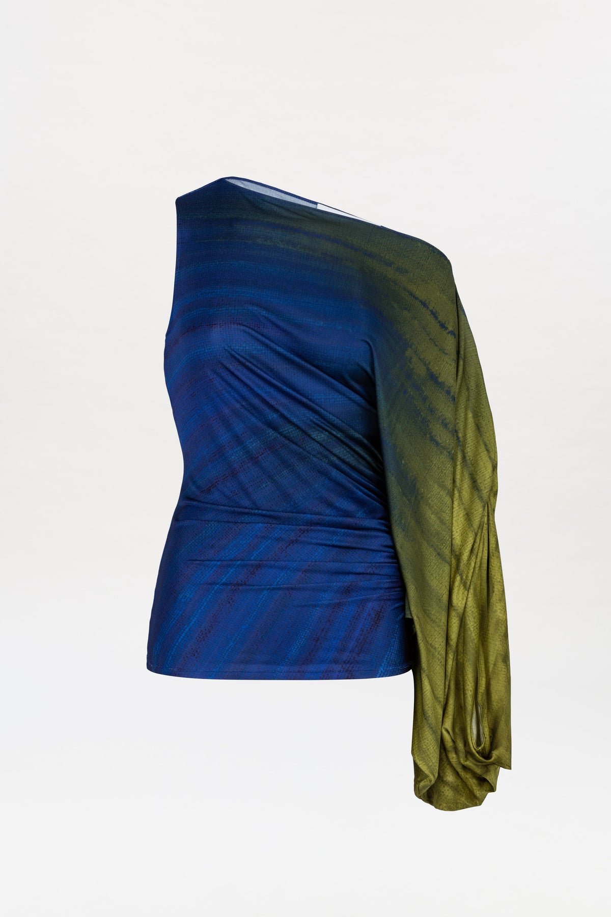 Rhona Blouse: A one-shoulder women’s top featuring a fitted blue bodice and a loose, draped olive-green sleeve on the right side, displayed against a plain white background.