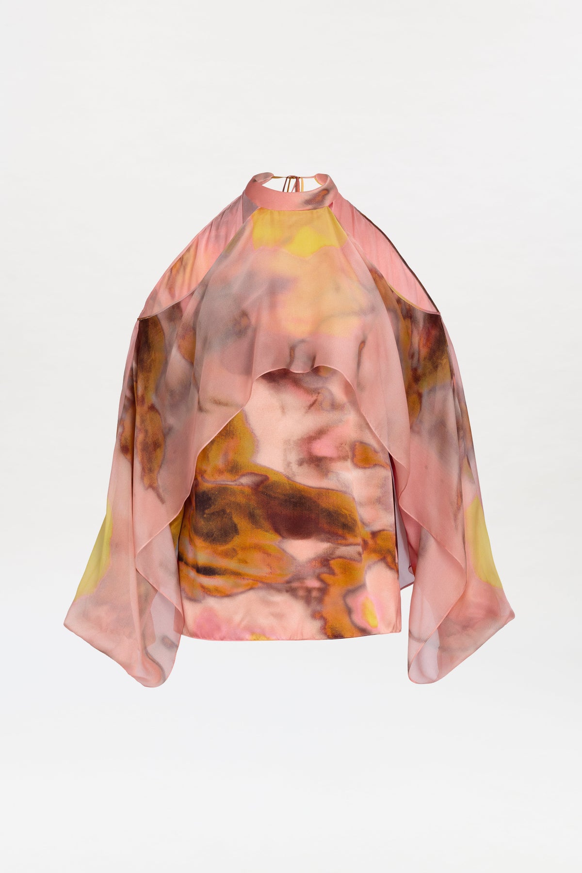 Shaan Blouse – A sheer, flowy top featuring a watercolor swirl pattern in pink, yellow, and brown tones. Designed with loose, draped sleeves and a high neck for a lightweight, airy look against a white background.