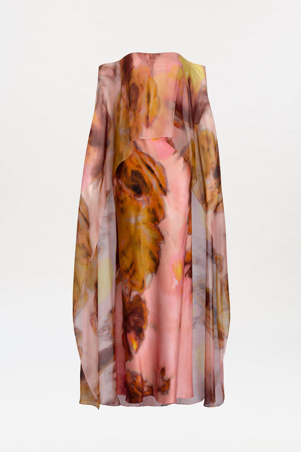 The Lovane Dress is a flowing, sheer pink and brown floral dress featuring wide, draped sleeves and a loose silhouette, displayed against a plain white background.