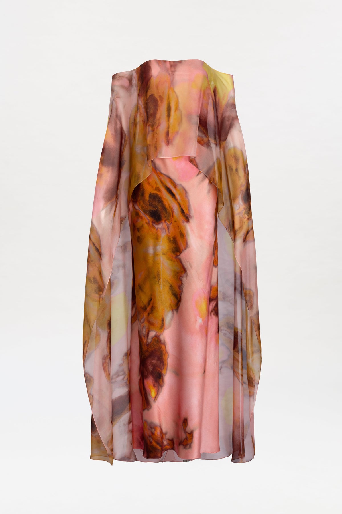 The Lovane Dress is a flowing, sheer pink and brown floral dress featuring wide, draped sleeves and a loose silhouette, displayed against a plain white background.