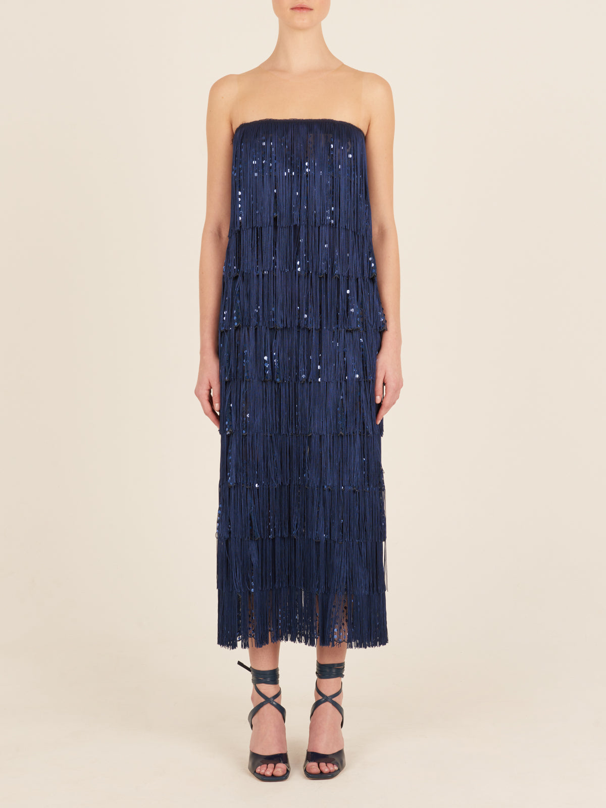 A Salome Dress Navy with fringes and sequins.