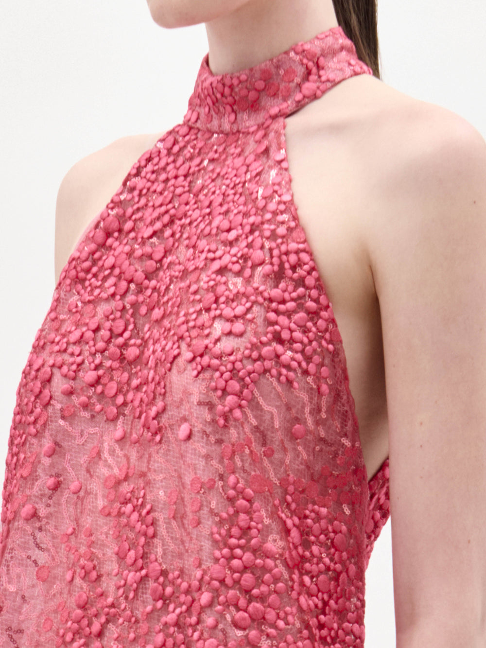 A woman stands in a studio wearing the Tatiana Dress, a long, sleeveless pink lace gown with a high neck and sheer overlay, paired with flat sandals.