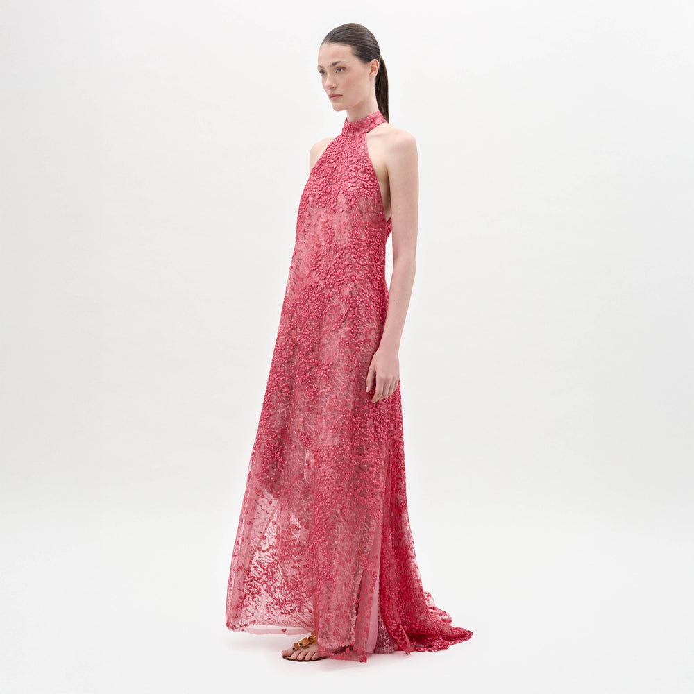 A woman stands in a studio wearing the Tatiana Dress, a long, sleeveless pink lace gown with a high neck and sheer overlay, paired with flat sandals.
