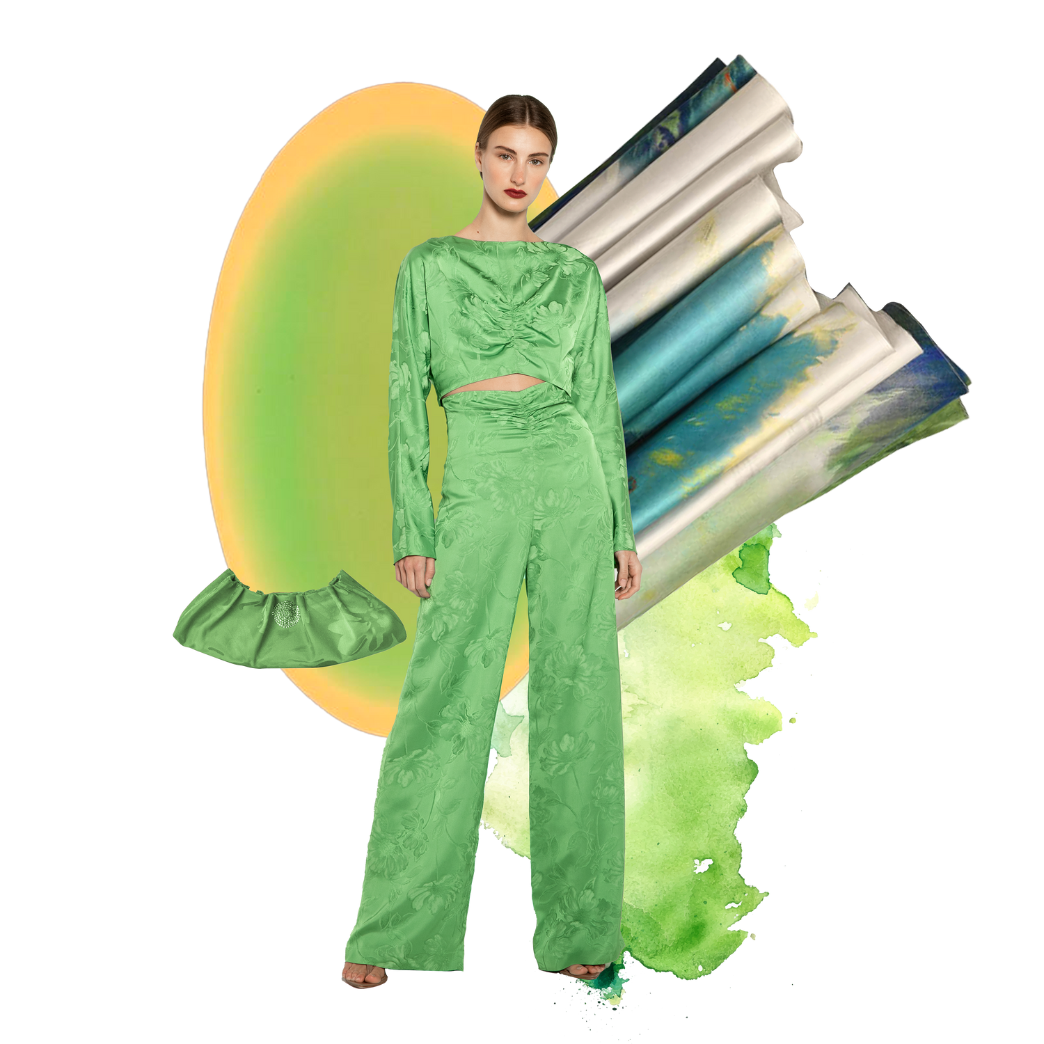 A person in a green outfit stands against a colorful abstract background with rolled fabric, a small green object, and splashes of paint.