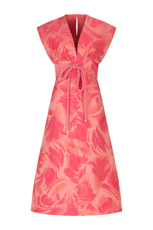 A Acalia Dress Fuchsia Pink with a floral print and V neckline.