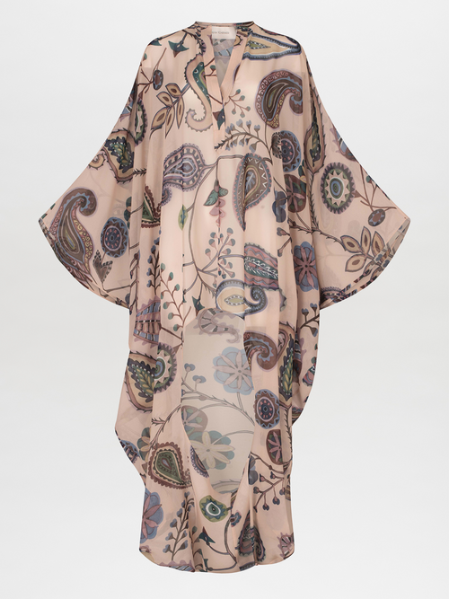 A Adaya Kaftan Blue Green Paisley silk kimono with long sleeves.