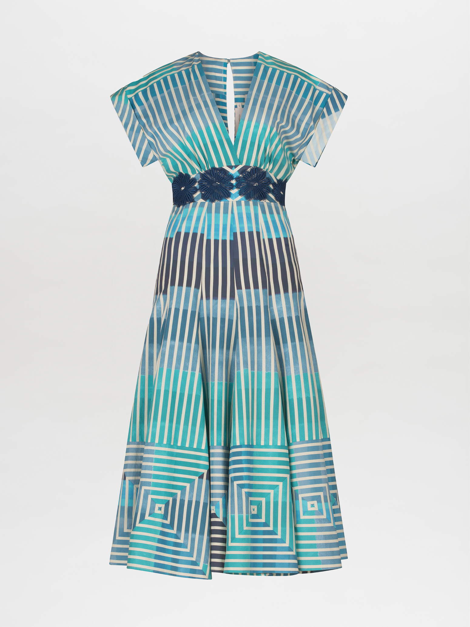 A Adila Dress Infinite Blue Stripes with a belt.