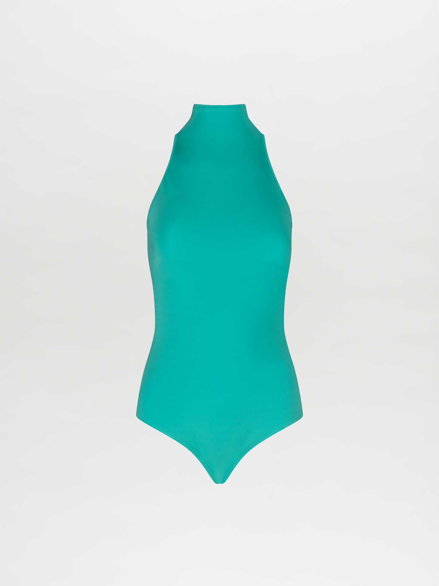 The Adina Bodysuit Aqua, with a halter neck made of stretch fabric, is a women's turquoise swimsuit.