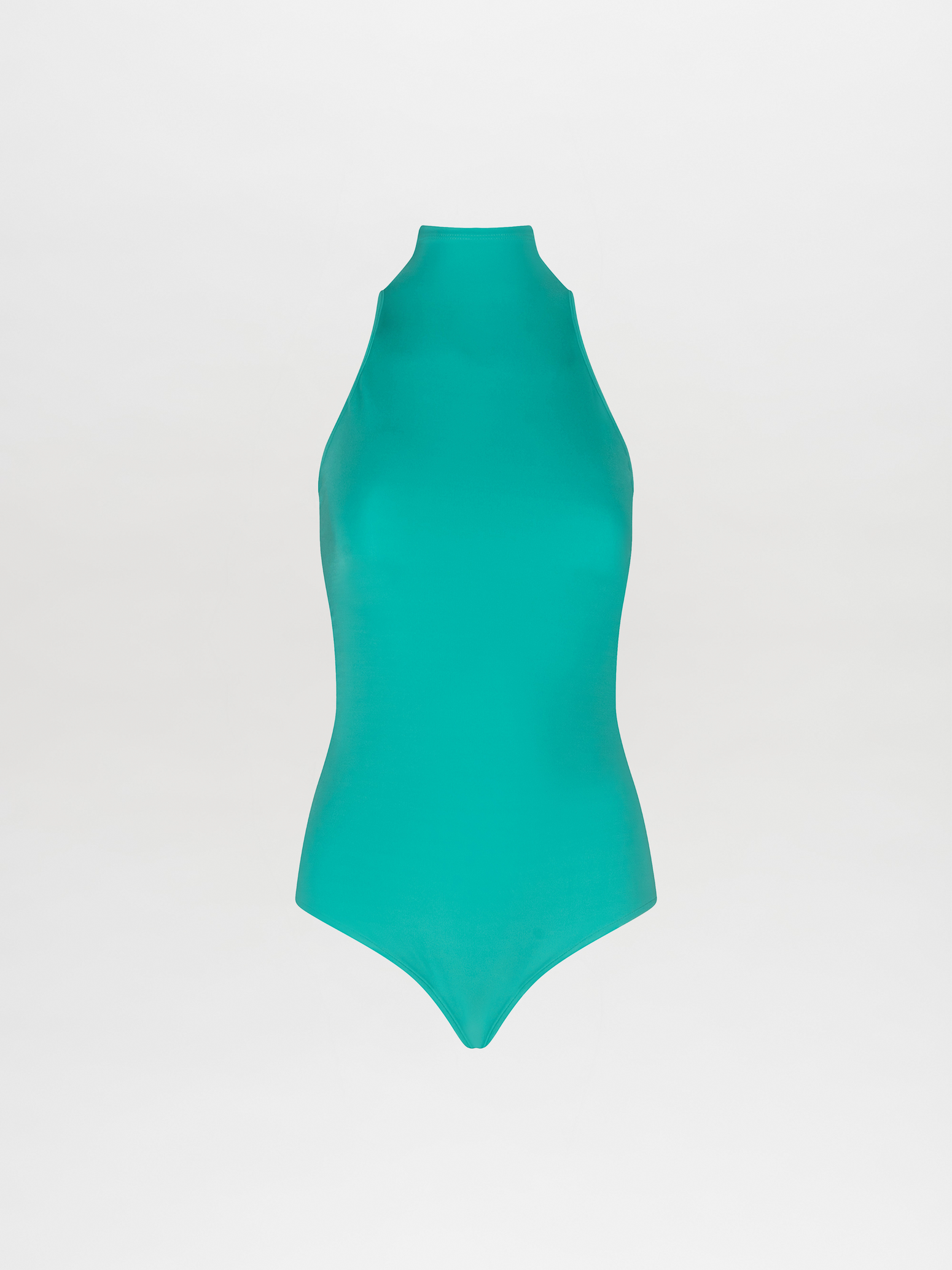 The Adina Bodysuit Aqua, with a halter neck made of stretch fabric, is a women's turquoise swimsuit.