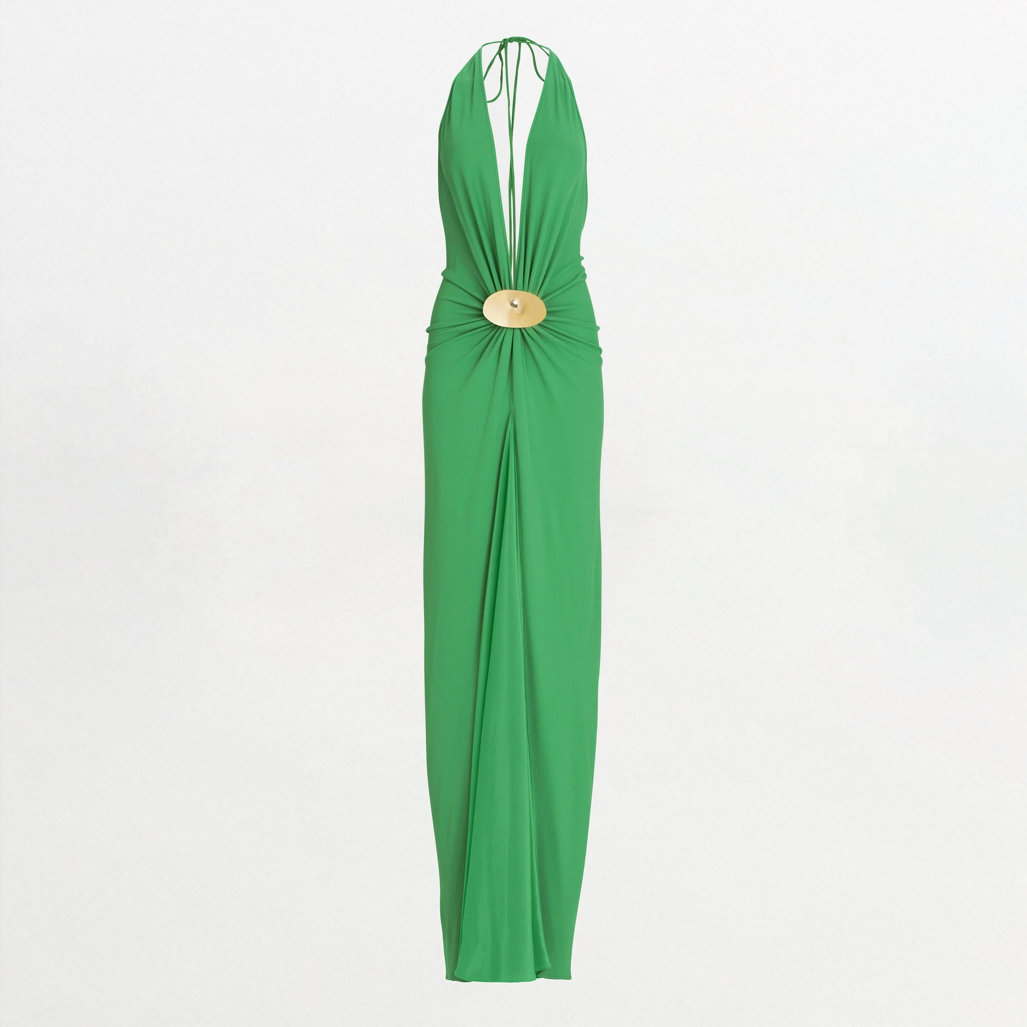 The Aiko Dress is a sleeveless green maxi in Italian fabric, featuring a halter neckline with deep V, gathered waist with round gold-tone buckle, and a floor-length skirt.