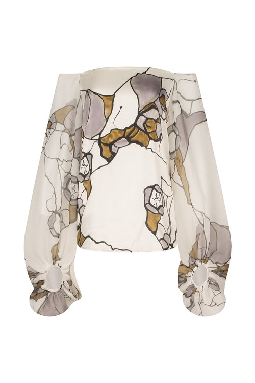 An Aimar Blouse Ecru Marble with silk fabric and an abstract pattern.