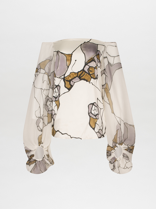 An Aimar Blouse Ecru Marble with silk fabric and an abstract pattern.