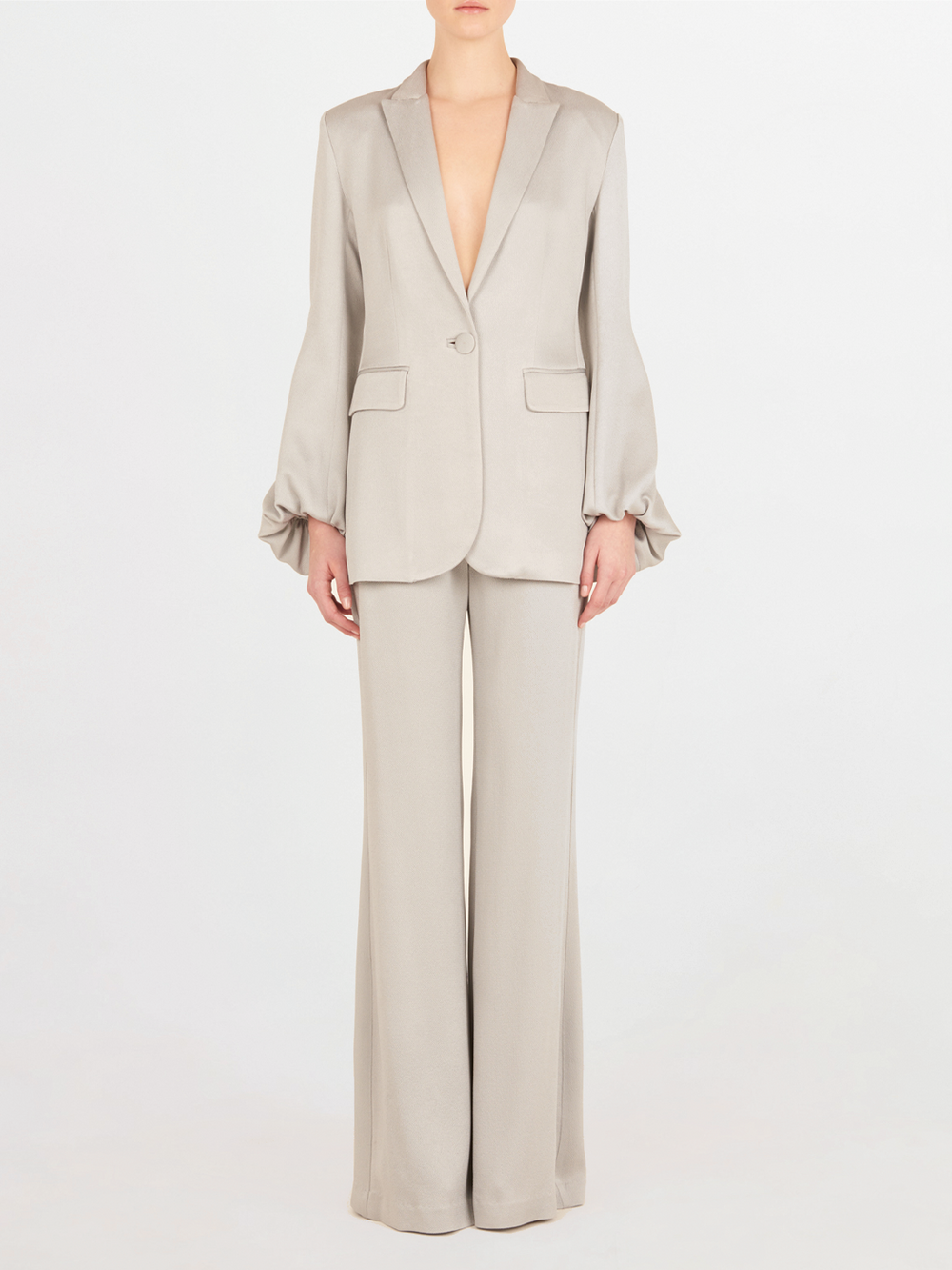 Gray, high-waisted wide-leg Andie Pant Gray with a seamless fit and smooth, minimalist design displayed on a plain white background.