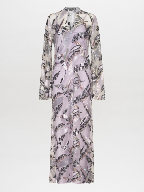 Andria Dress Lavender and Silver with a black and white print.