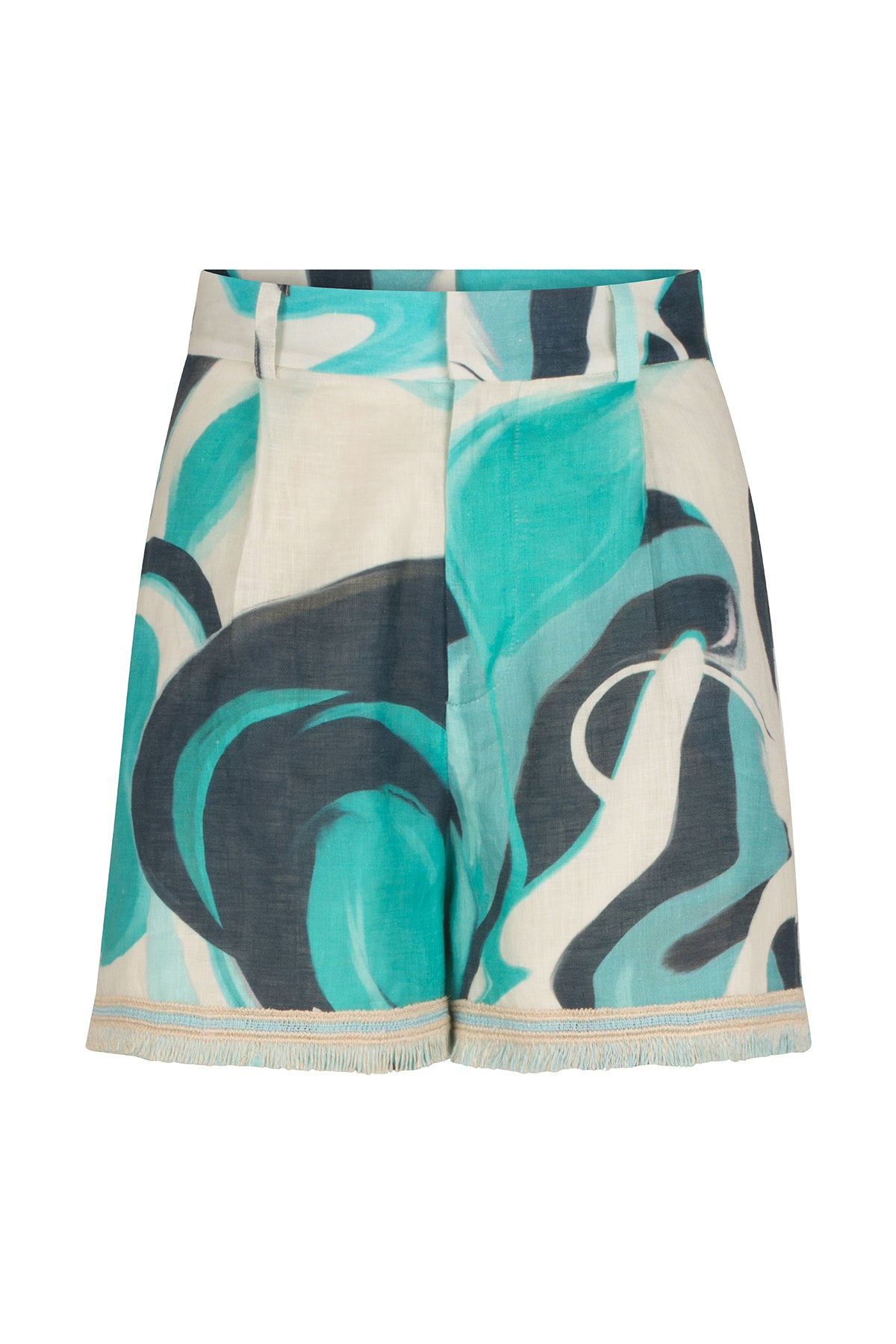 Arnit Short Turquoise Marble with a blue and white abstract print.