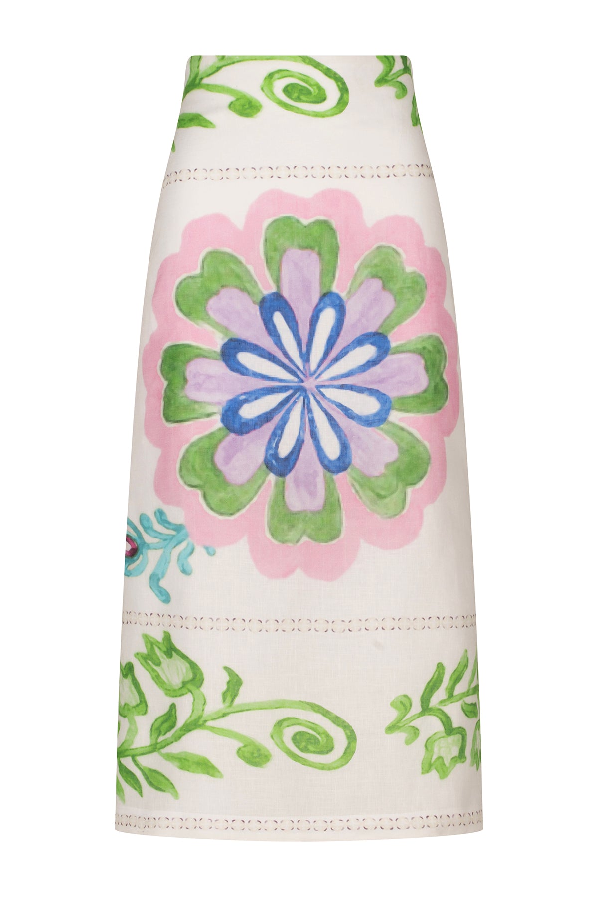 A white high-waisted Atira Skirt Multicolor Floral Print with invisible zipper.
