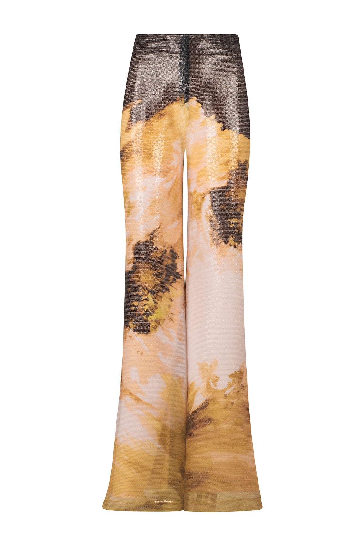 A pair of Avellino Pant Golden Peony with an abstract print.