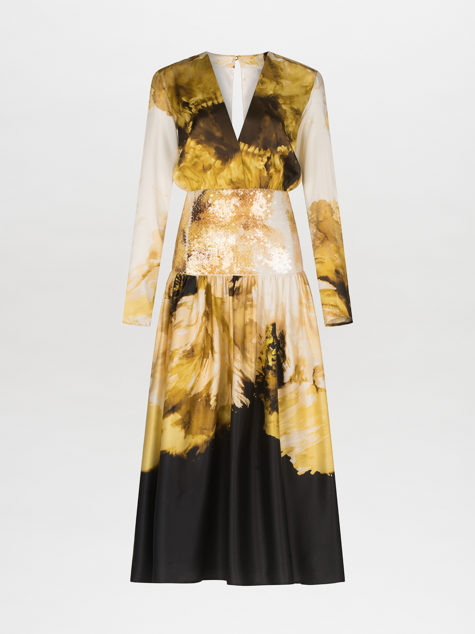 A Azalena Dress Golden Peony with a floral print in gold and black.