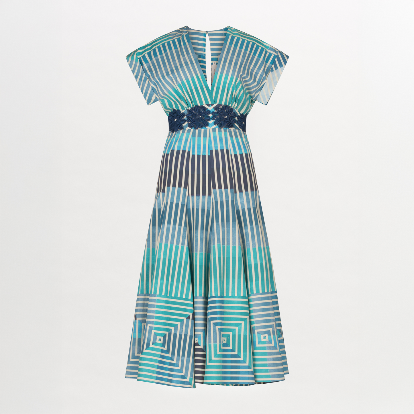 A Adila Dress Infinite Blue Stripes with a belt.
