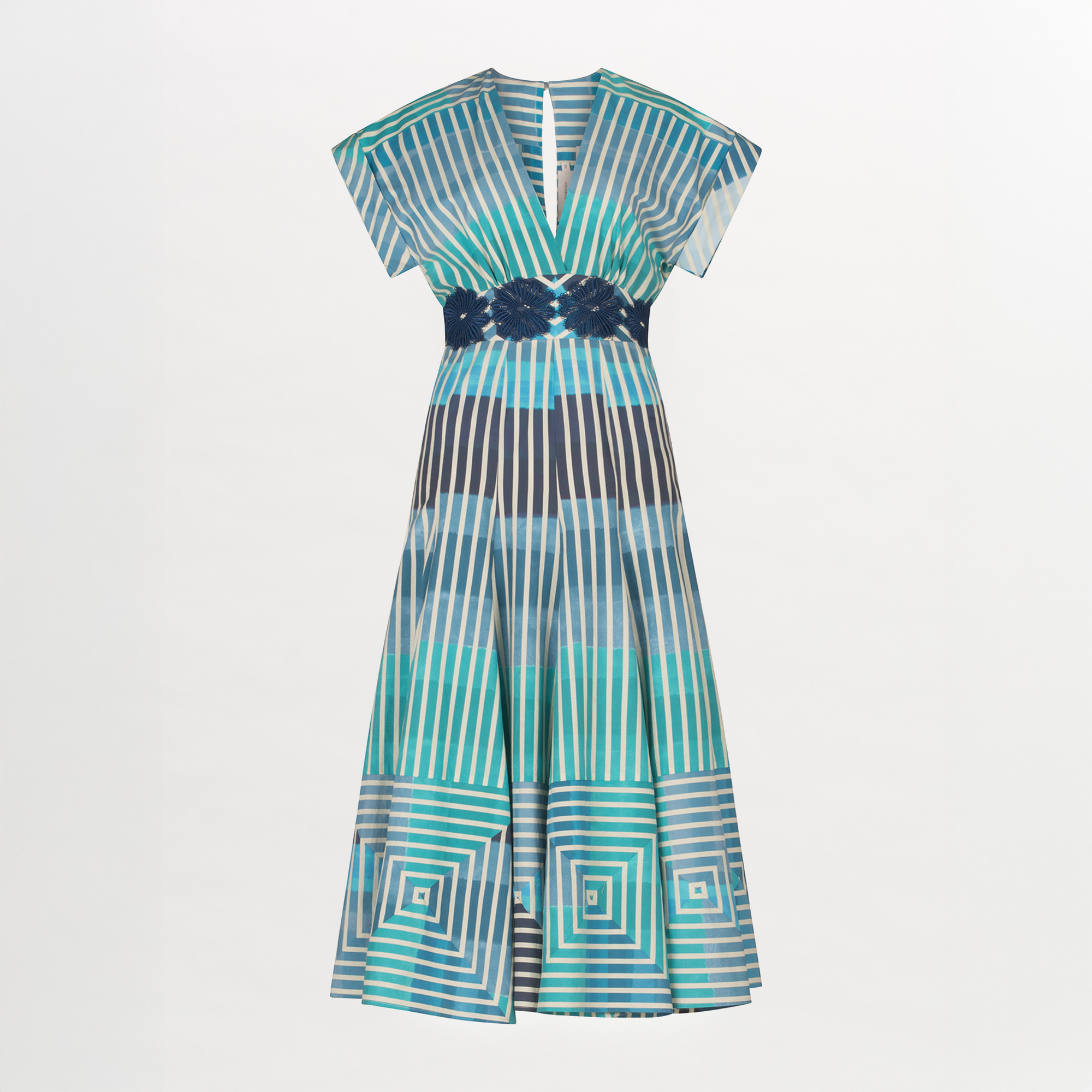 A Adila Dress Infinite Blue Stripes with a belt.