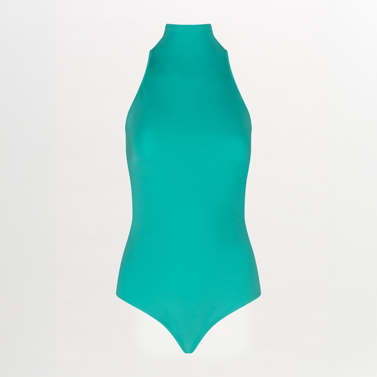 The Adina Bodysuit Aqua, with a halter neck made of stretch fabric, is a women's turquoise swimsuit.