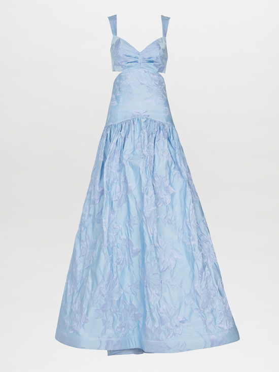 Allegra Dress French Lilac with thick shoulder straps, a fitted bodice, and a full, ankle-length skirt with a floral pattern.