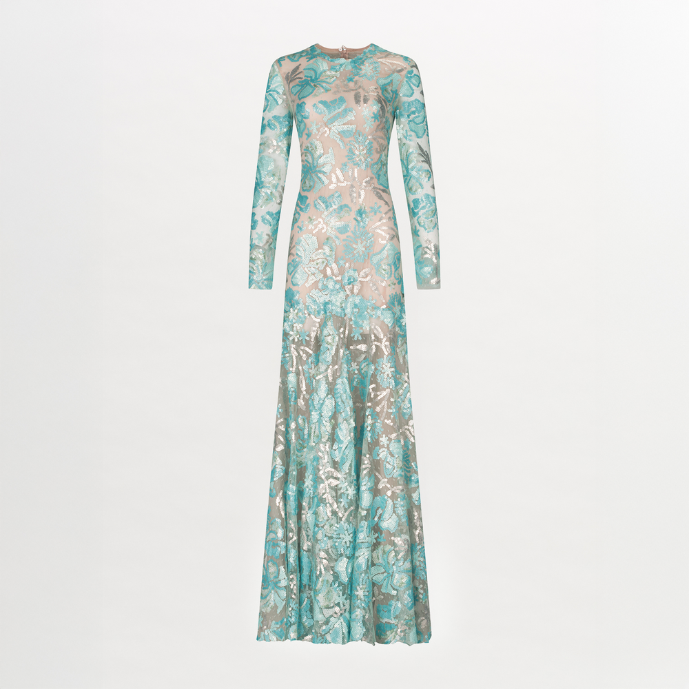 A Colombia-inspired Amabel Dress Aqua Sequin adorned with silver sequins and featuring long sleeves in a stunning shade of blue.