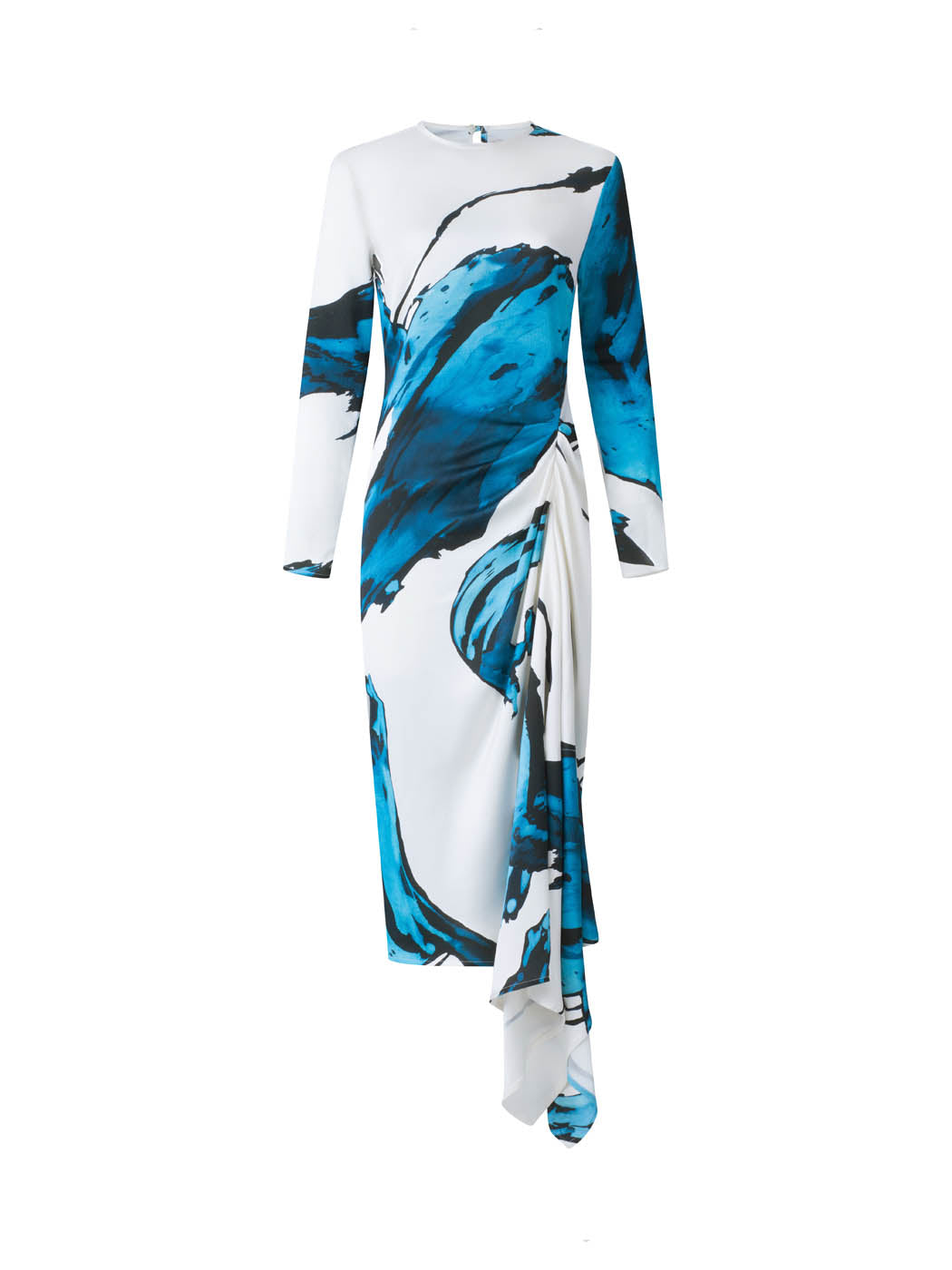 Ananya Dress Multi Abstract Waves with bold blue abstract print design, featuring an asymmetrically draped skirt, displayed on a white background.