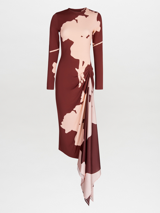 A burgundy midi Ananya Dress Cacao Floral with long sleeves in a botanical-inspired print.