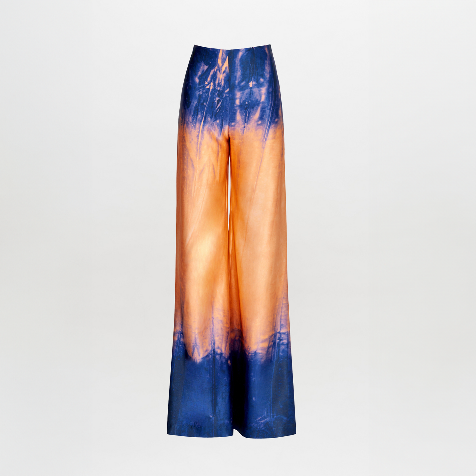 Andie Pant Mediterranean Coral Blue with an abstract two-tone print, isolated on a white background.